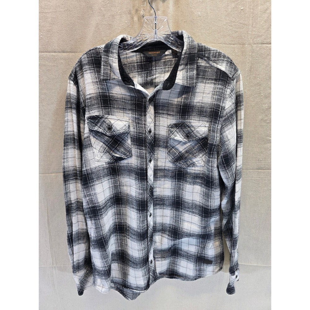 Outpost Makers Mens Black White Plaid Flannel Shirt Corduroy Trim Large